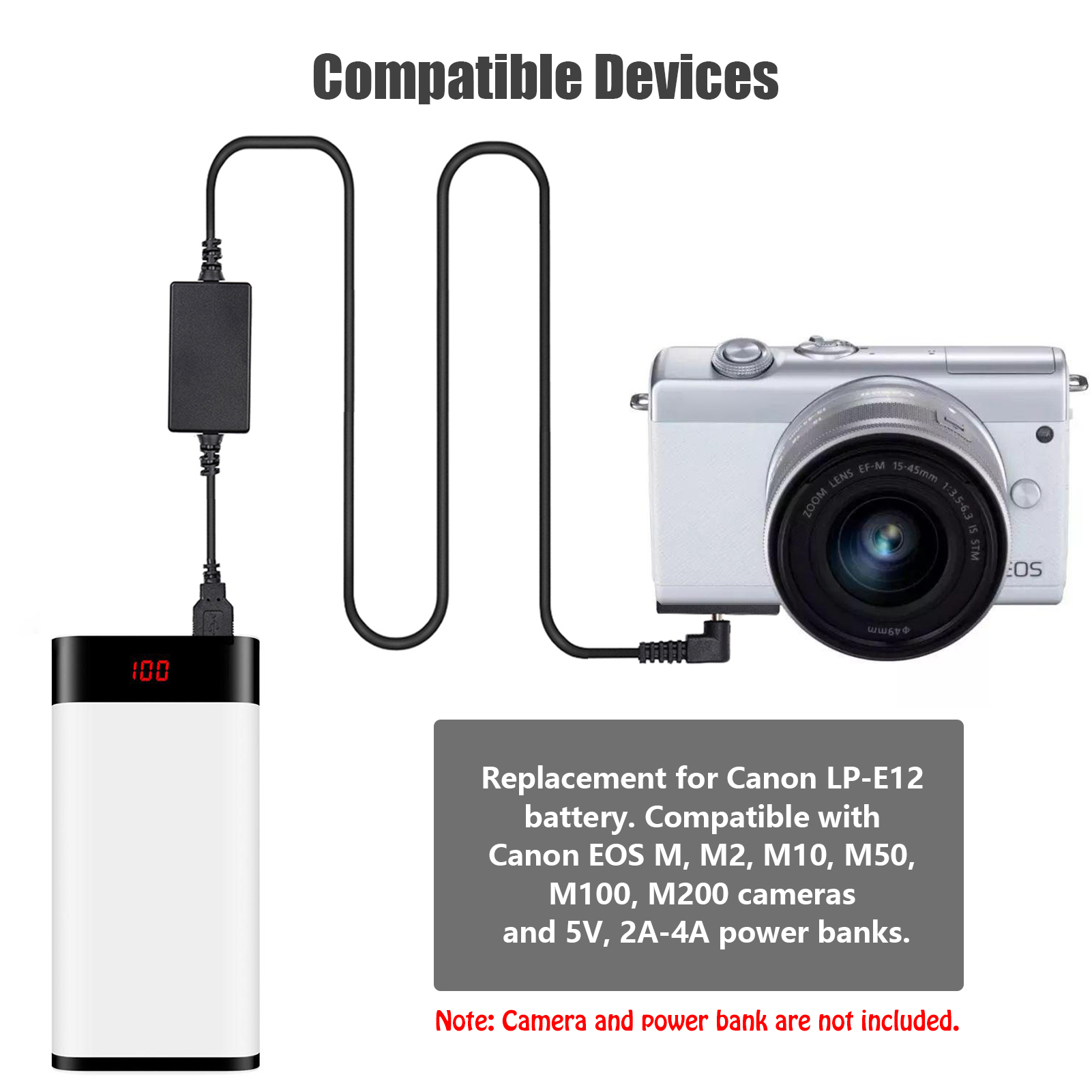 Andoer DR-E12 Bộ Nguồn USB, Pin Giả Khớp Nối DC Thay Pin LP-E12 Với Bộ Chuyển Đổi USB DC Cáp Điện Đầu Vào USB Đơn Tương Thích Với Canon EOS M M2 M10 Máy Ảnh M50 M100 M200