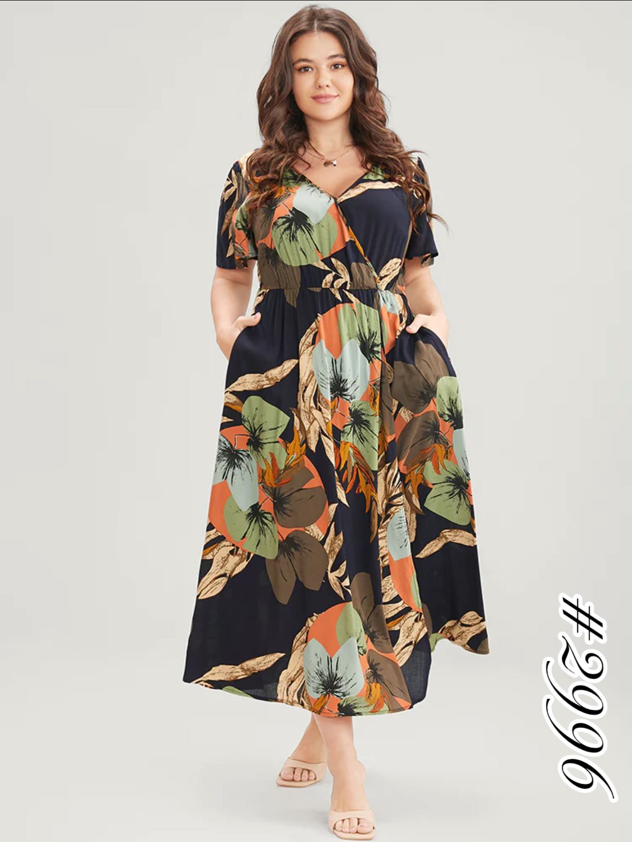 Plus Size Elegant Summer Floral Print Style Belted Front V-Neck Maxi Dress  For Women