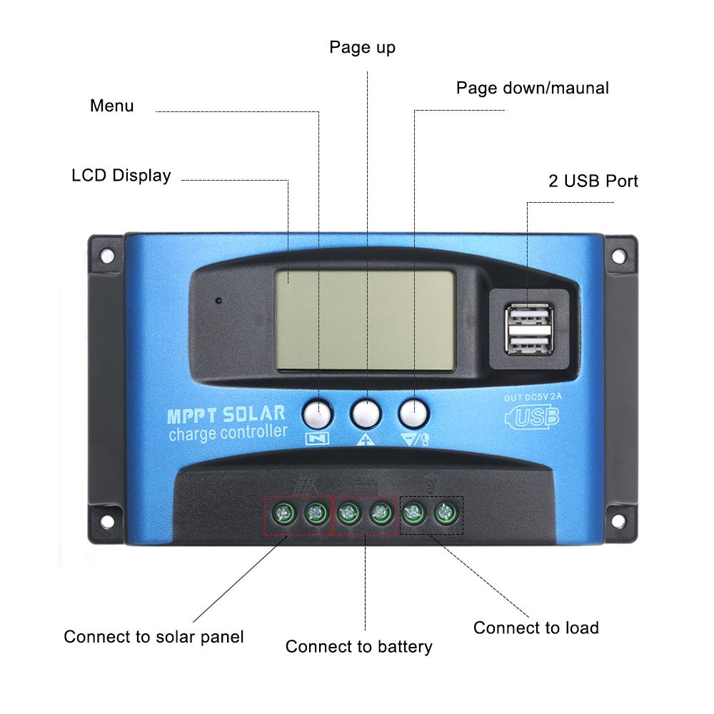 Bộ điều khiển sạc năng lượng mặt trời 100A MPPT Dual USB LCD Hiển thị Bộ điều chỉnh sạc pin mặt trời tự động