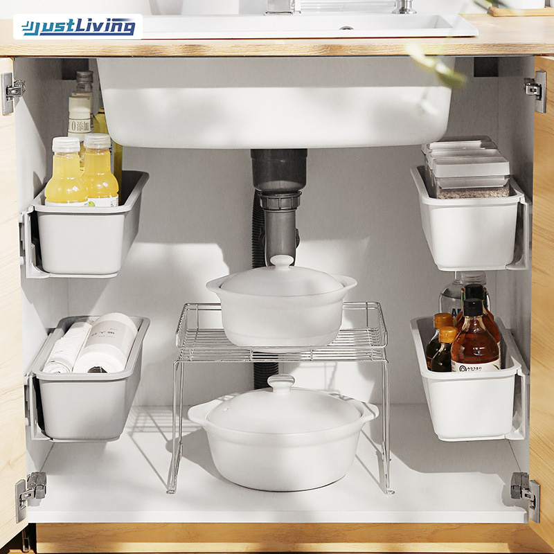 JustLiving Kitchen Sink Storage Box Wall-mounted Drawer Type Under Sink Storage Rack Kitchen Organizers Plastic Push-Pull Storage Rack for Bathroom、Kitchen