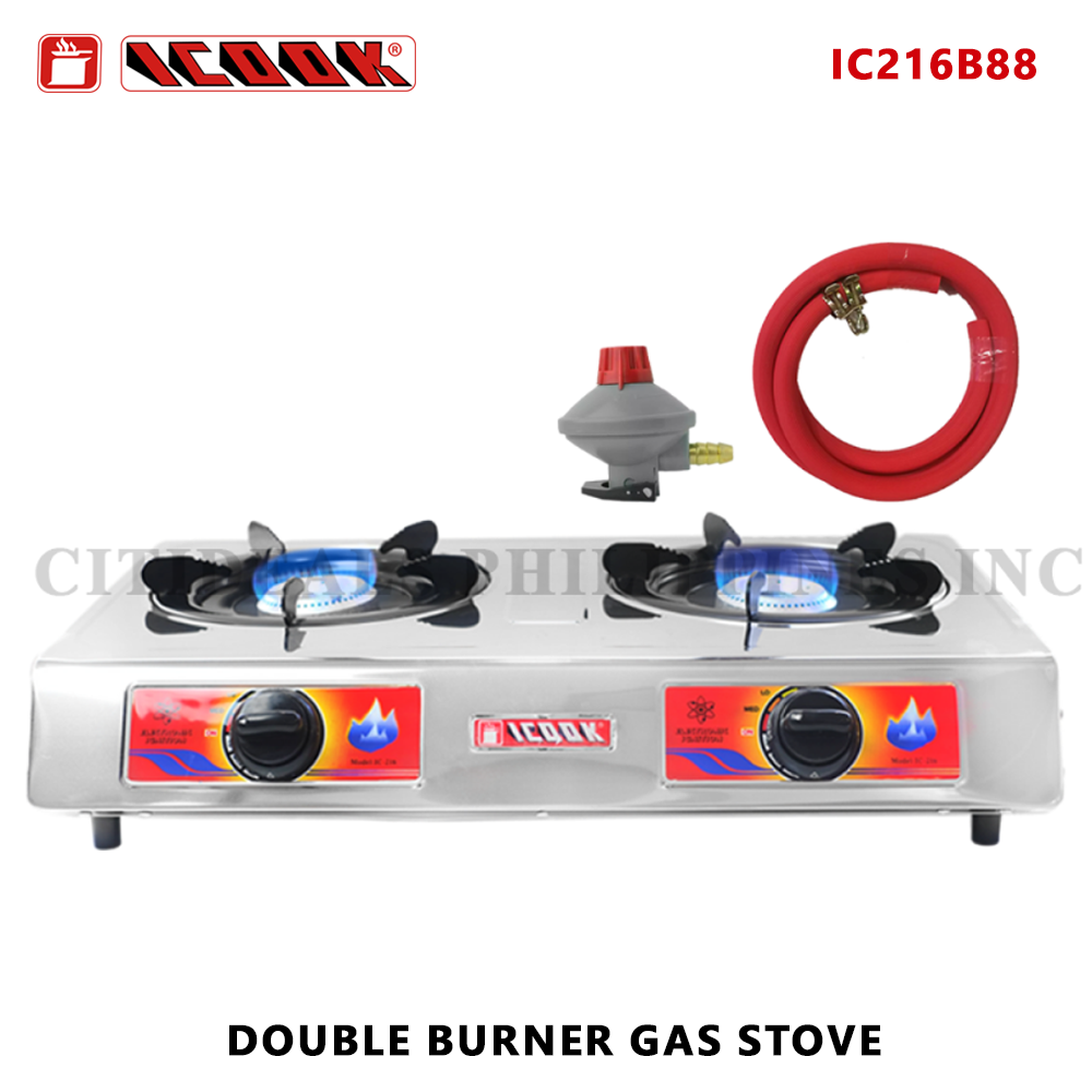 Double Burner Gas Stove with LPG Hose and Snap-on Regulator IC216-B88 iCook