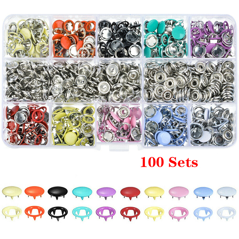 pzcf 100/200 Sets Snap On Tool Kit Press Studs Metal Sewing Buttons Snap Fasteners Assorted Colors Plier Clothing Apparel DIY