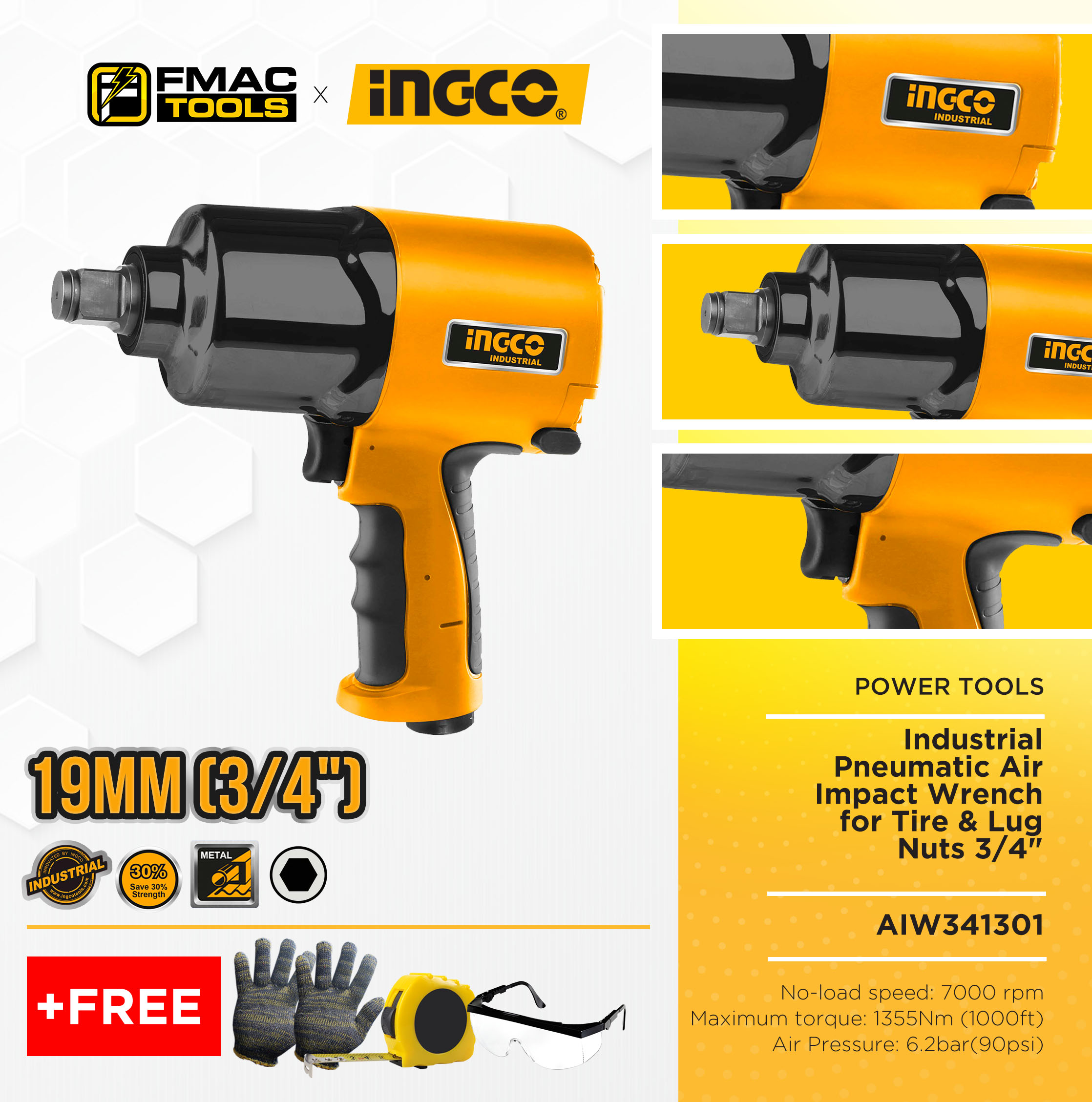 INGCO Industrial Pneumatic Air Impact Wrench 3/4" For Air Compressor