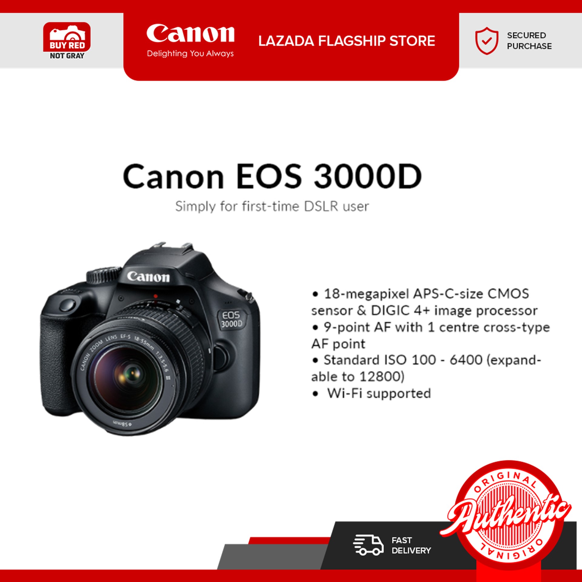 Canon EOS 3000D DSLR Camera with 18-55 DC III Lens (18MP, 9AF Points, ISO  6400) W/ FREE 32GB SD CARD Lazada PH