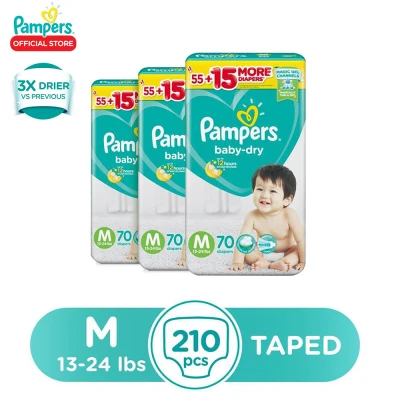 Pampers Baby Dry Taped Diaper Medium 70 x 3 pack (210 diapers) - (5-12kg)