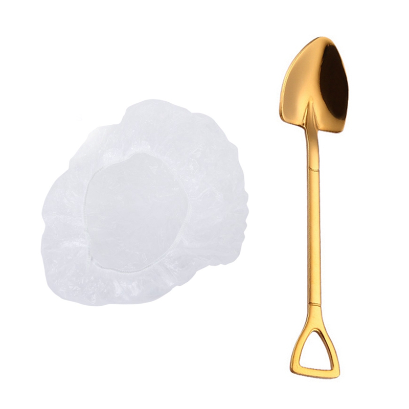 100 Pcs Disposable and Clear Hair Salon Spa Shower Caps & 1 Pcs Gold Creative Stainless Steel 304 Small Shovel Spoon