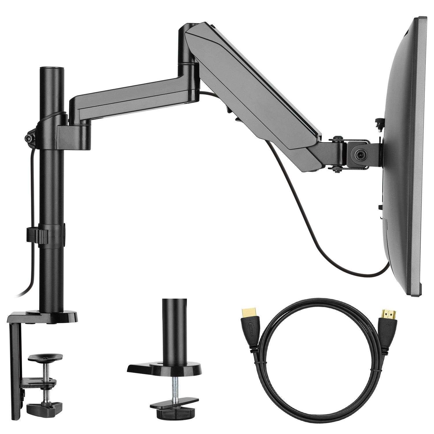 Monitor Mount Stand Adjustable Single Arm Desk VESA Mount with Clamp,  Grommet Base, HDMI Cable for LCD LED Screens up to 32 inch, Gas Spring  Articulating Full Motion Arm Holds up