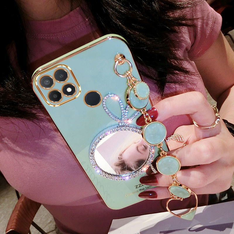 AnDyH Precise camera protection case For OPPO A15 A15S cases Bunny makeup mirror with gemstone bracelet