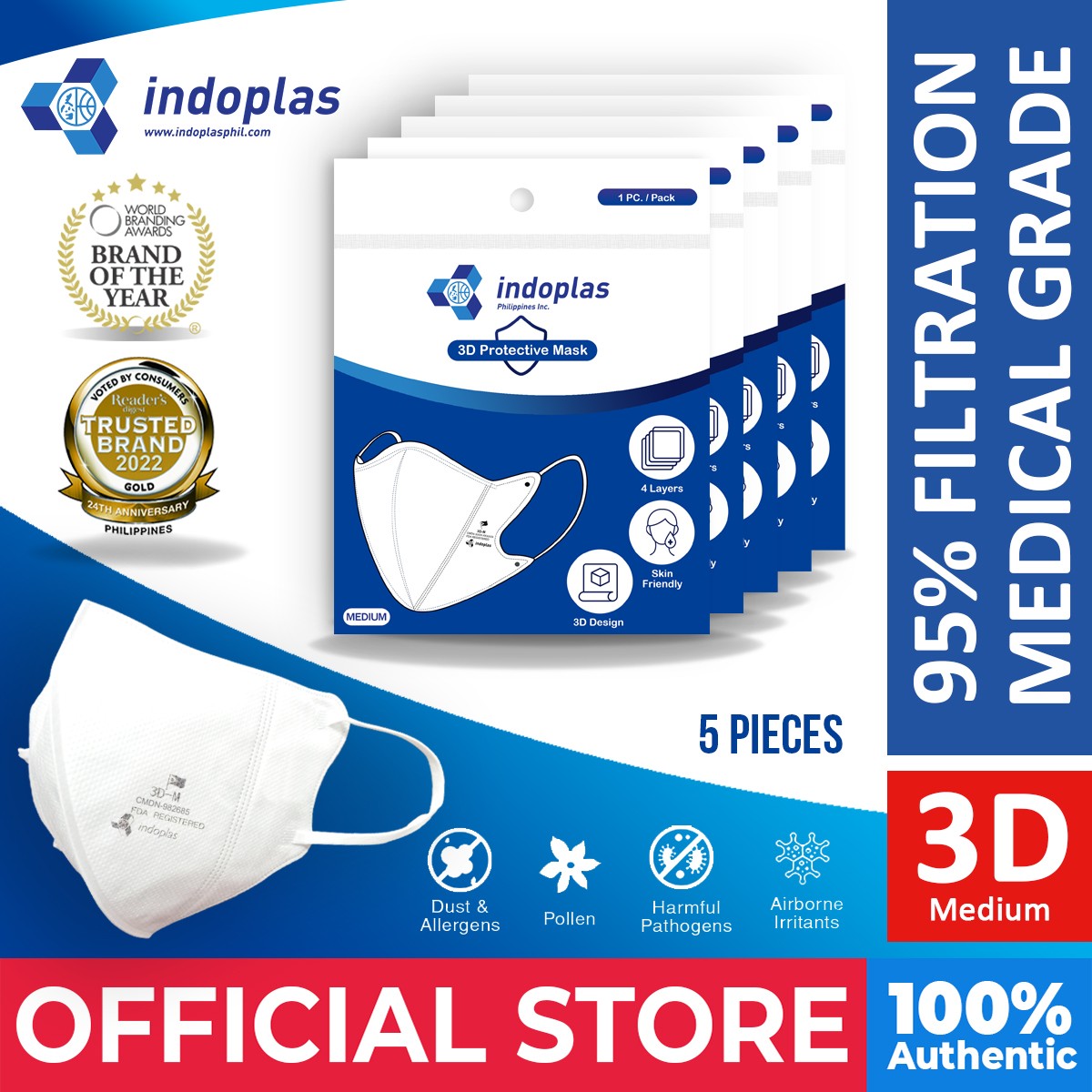 Indoplas KF94 3D Medium (Adult) Face Mask FDA Registered 5 Packs