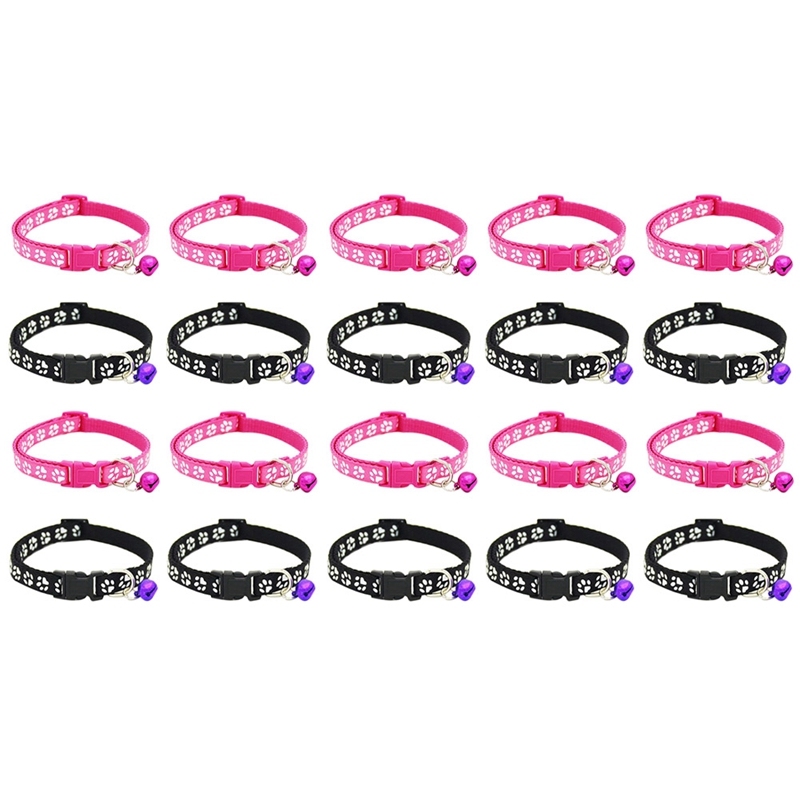 20 Pack Adjustable Cat Collar with Bell, Fashion Paw Print Design Pet Collar, Breakaway Collar for Cats (Rose and Black)