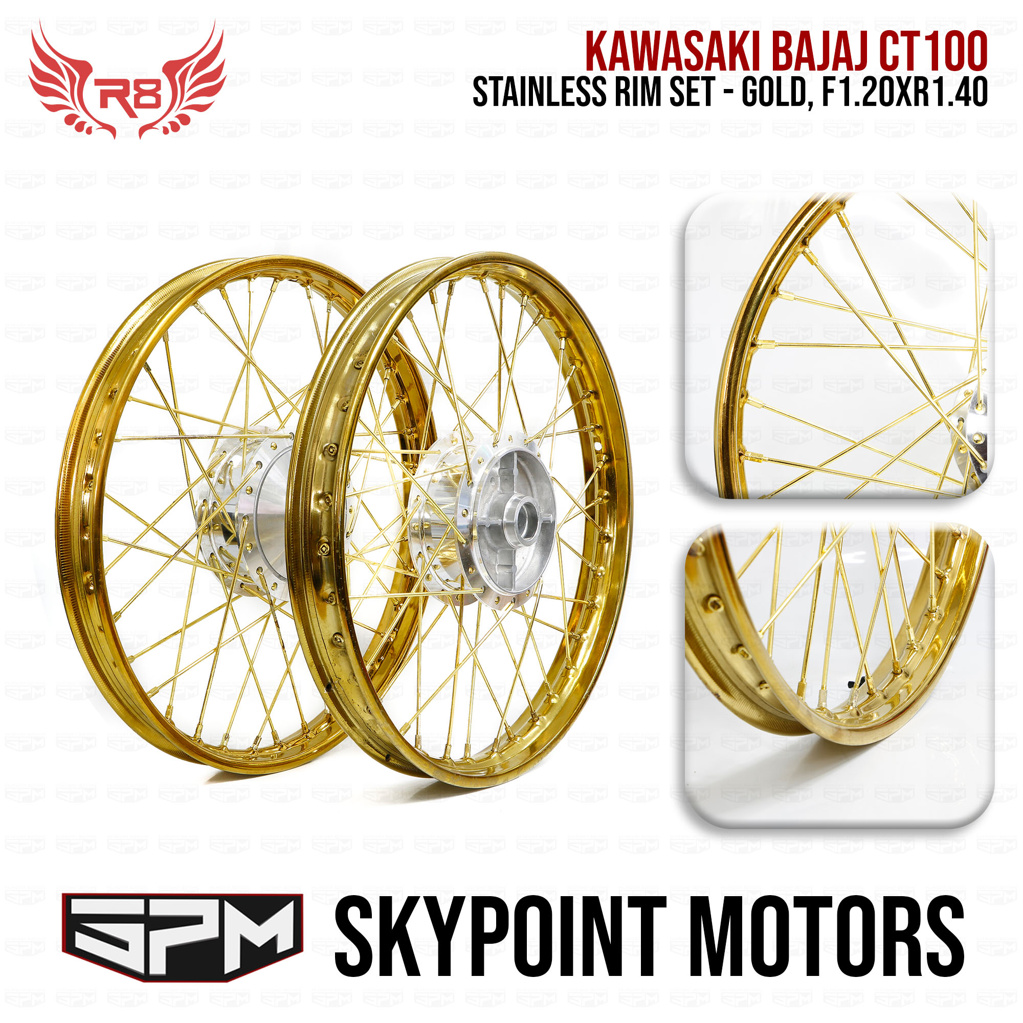 R8 SPOKE WHEELS BAJAJ CT100 FRONT REAR RIM SET GOLD 9809 505