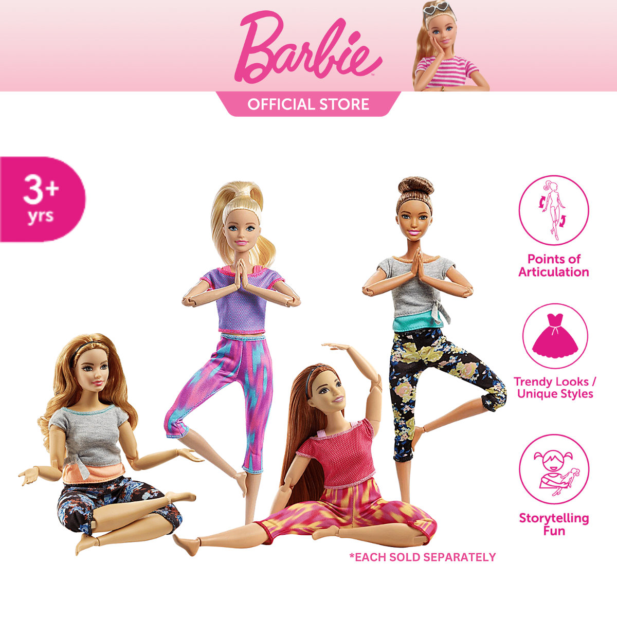 Barbie Made to Move Doll Gymnastics Yoga Dancer Dolls with 22