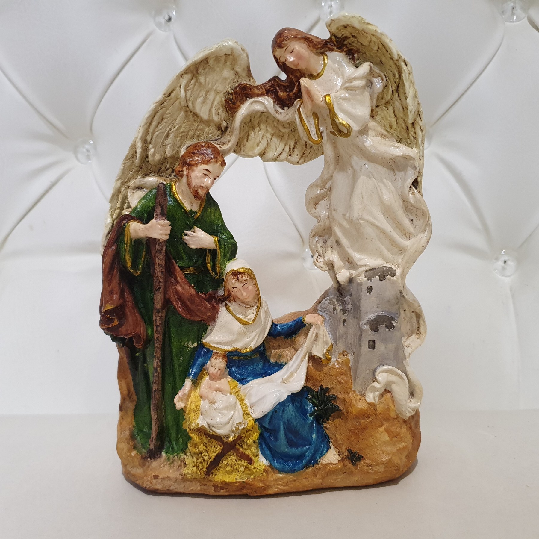 Christmas Ornament Mary Joseph Baby Jesus Nativity Angel Wings Resin Religious 