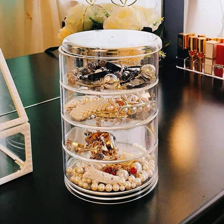 5 Layers Jewelry Organizer Storage Box, FODIENS Rotatable Hair Tie Container  Earrings Holder Organizer for Women, Clear Jewelry Accessory Storage Tray  with Lid for Earrings Bracelets Necklaces