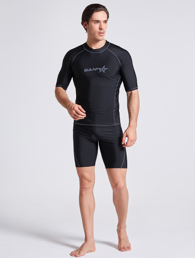 Men Swimwear Rashguard Short Sleeves Swimming Shirts + Boxer