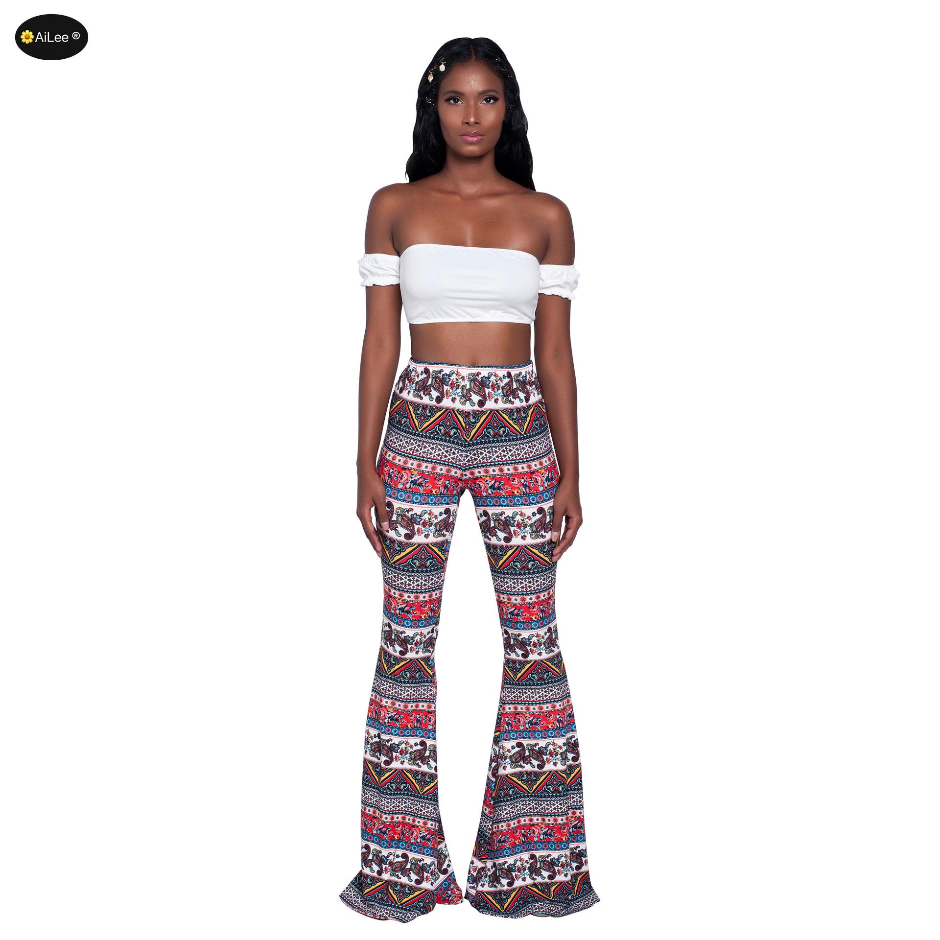 Print Boho Flare Pants Women Fashion Loose Long Pant Tribal African Print  Wide Leg Trousers Bell