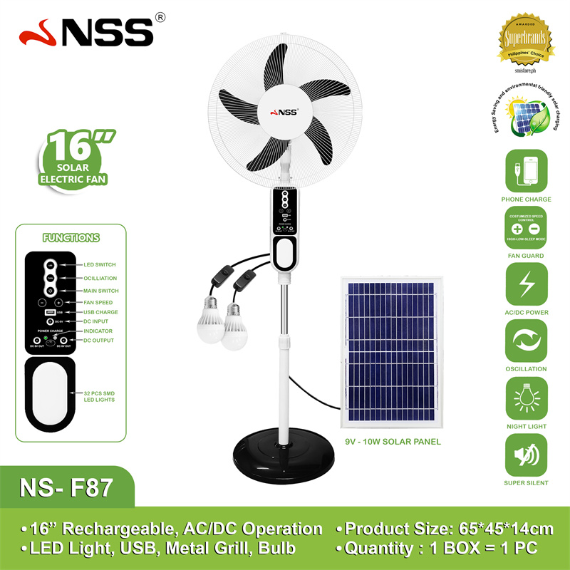 Nss 16 Inches Solar Fan With Panel Stand Fan 12 Inches Electric Fan With Rechargeable Solar Bulb 9950