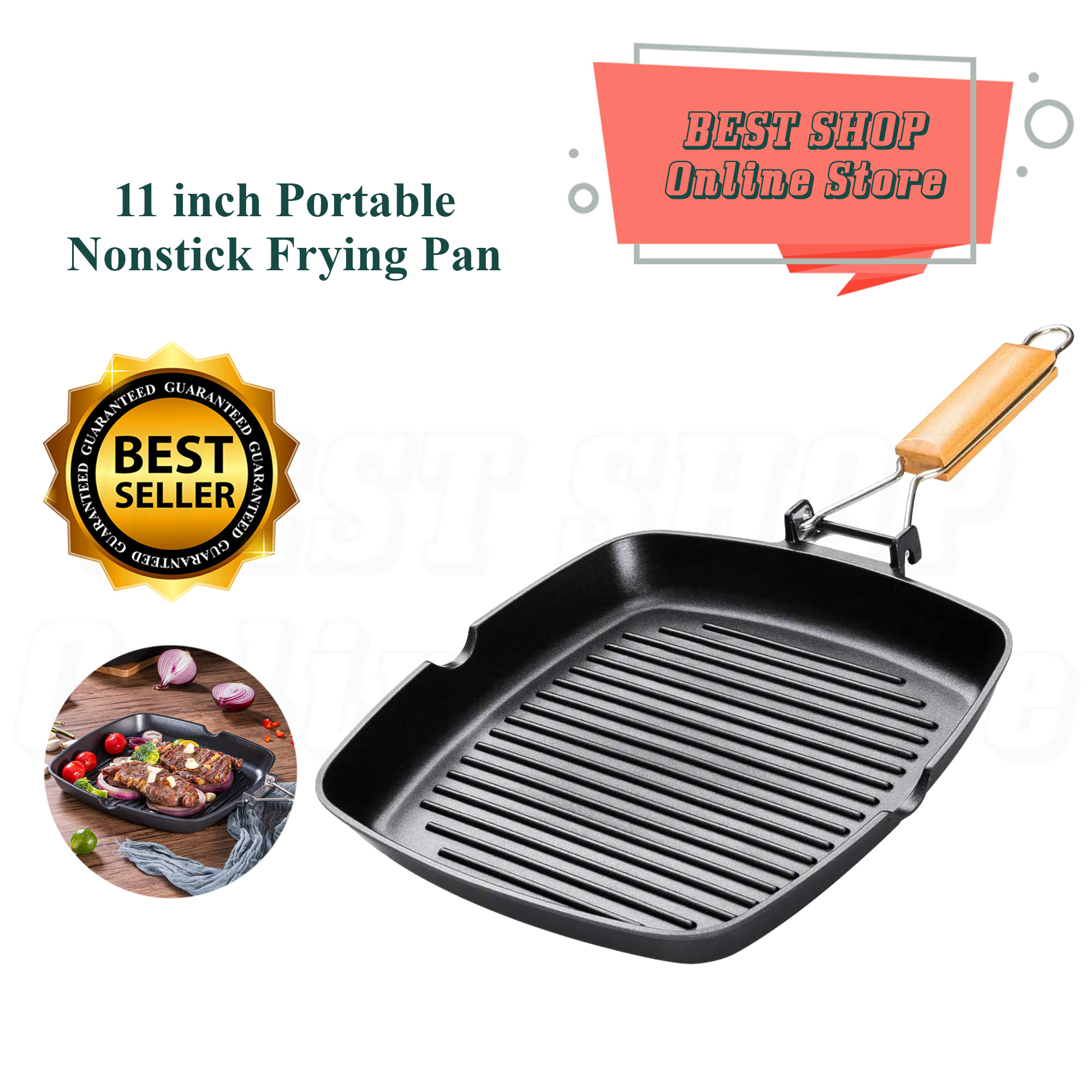 28cm Grill Fry Frying Square Pan Marble Fish Non Stick Griddle Steak Cookware 