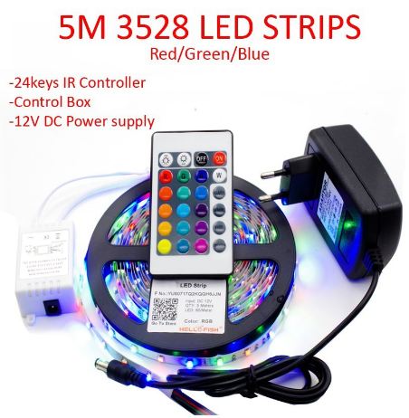 5M 3528 Led strip light Rgb + 24keys Remote Control + with 12V 2A Power Adapter Supply Christmas Decor Light