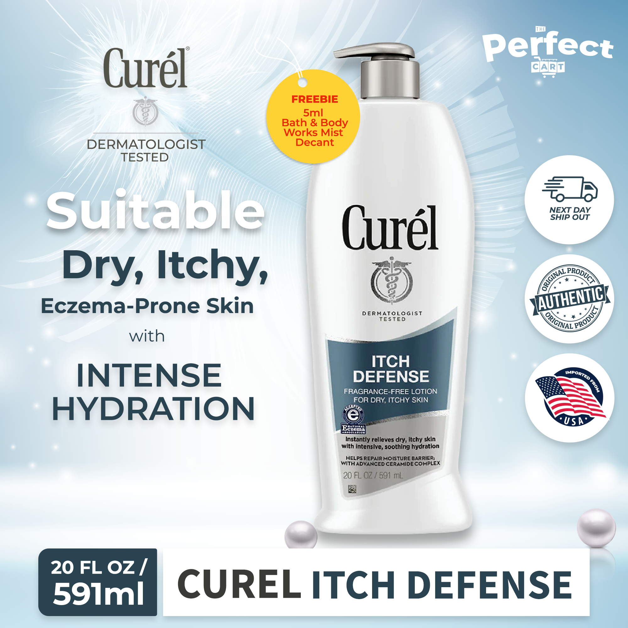 Curel Itch Defense Body Lotion for Dry Itchy Skin Unscented 20 oz