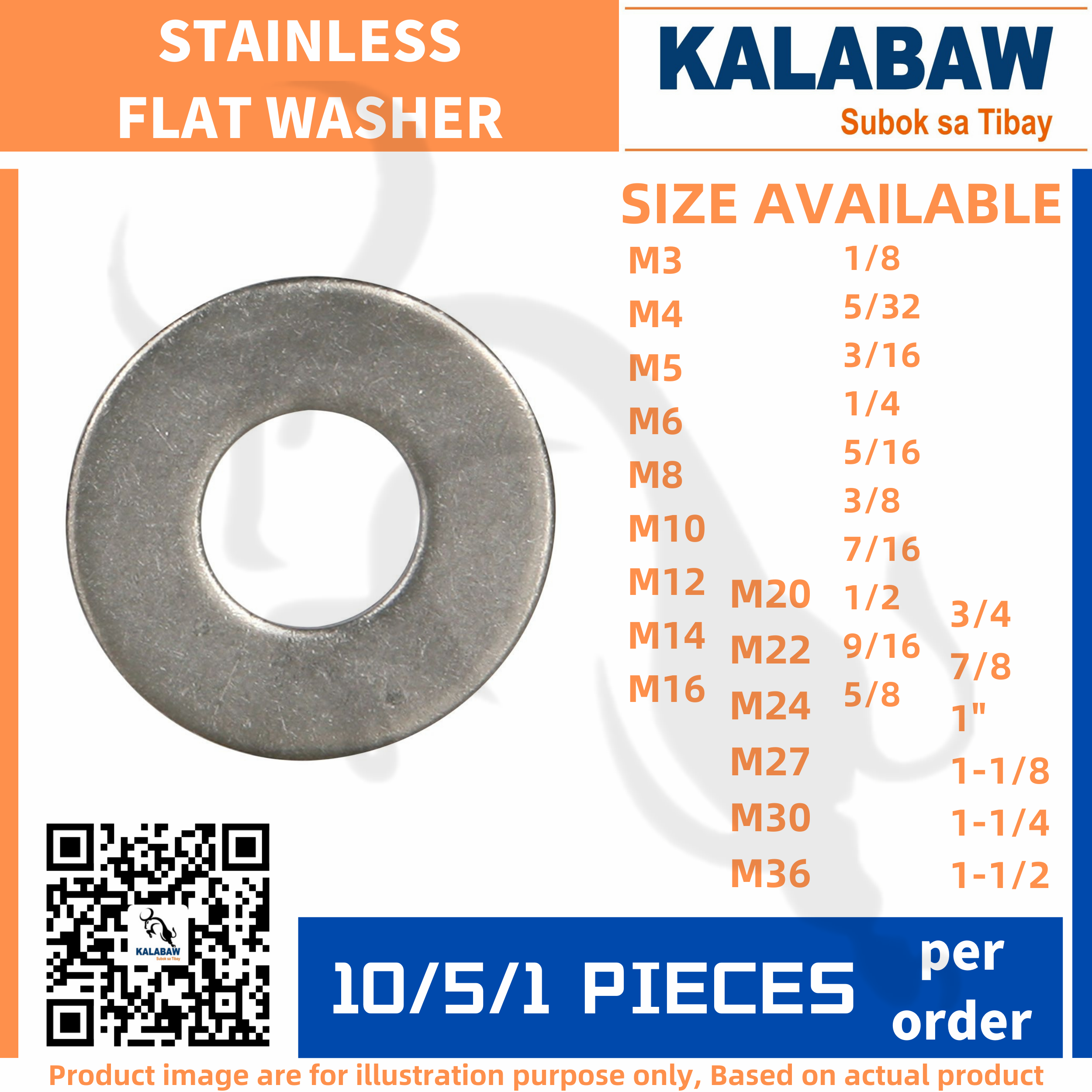 Stainless Steel 304 Flat Washer M3 to M36 metric & 1/8 to 11/2 inches