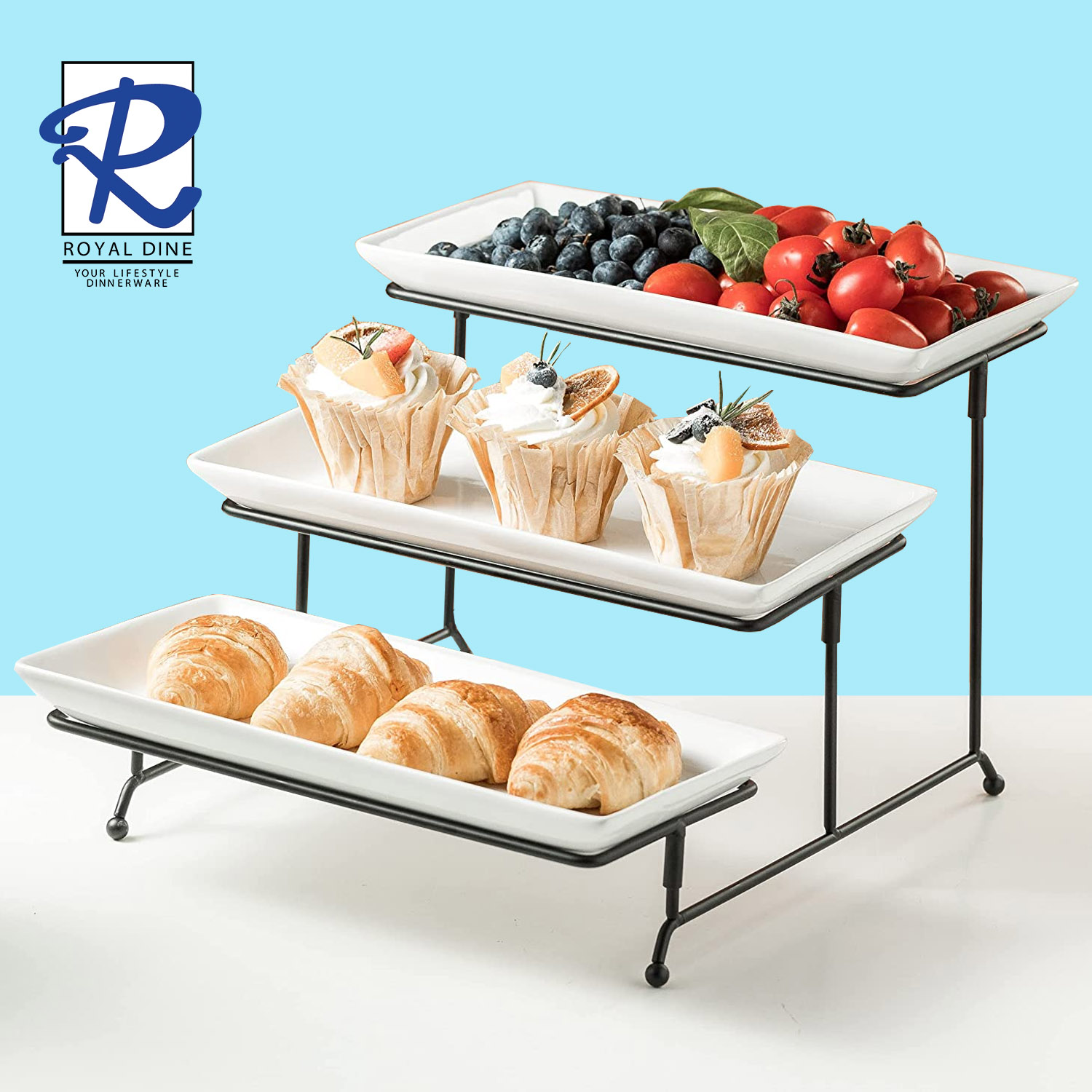 Royal Dine 3 Tier Rectangular Serving Plate Set with Rack Buffet Server ...