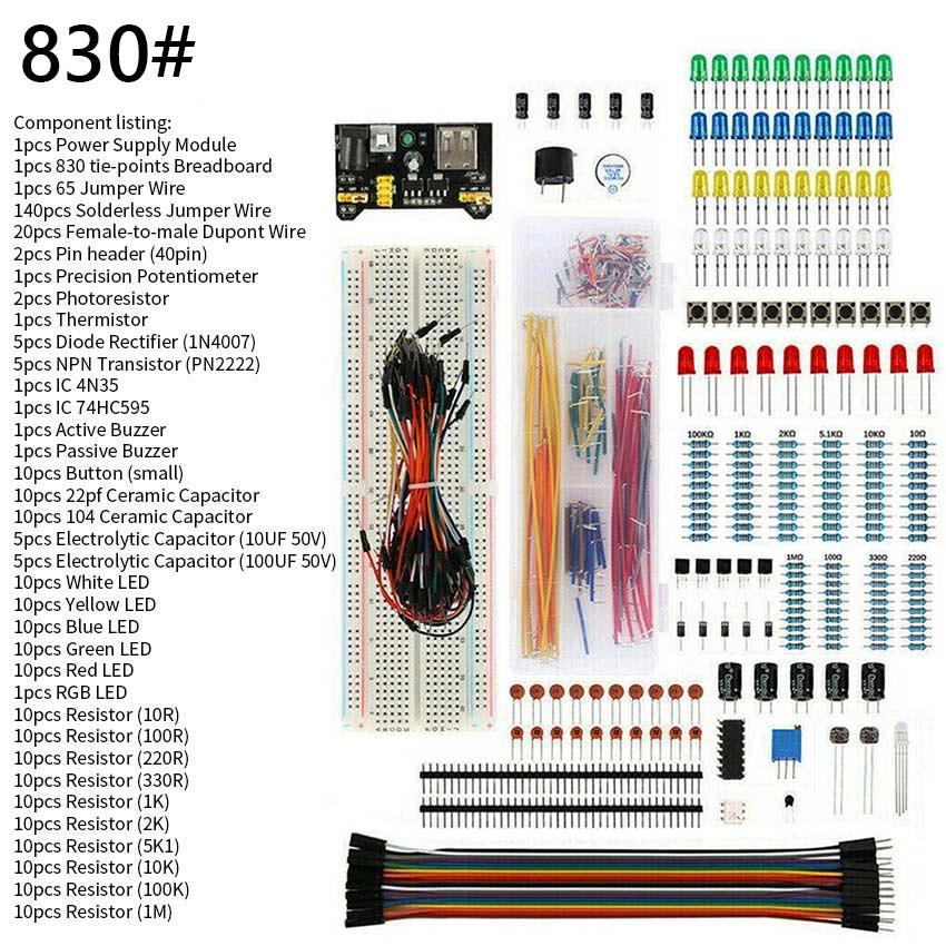 79pcs Breadboard Kit With Power Supply Module,LED Light Diodes, Jumper  Wires,Battery Clip,830 & 400 Tie-Points Breadboard