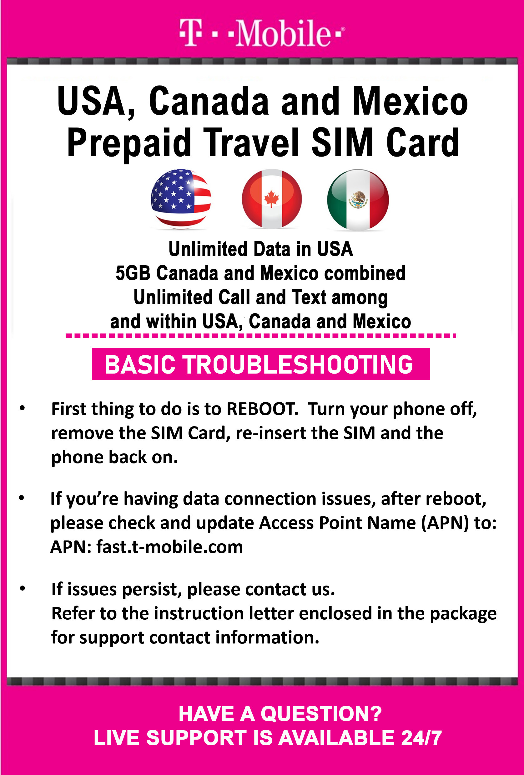 USA/Canada/Mexico SIM Card Unlimited Data,Talk,Text 5GB in Canada/Mexico
