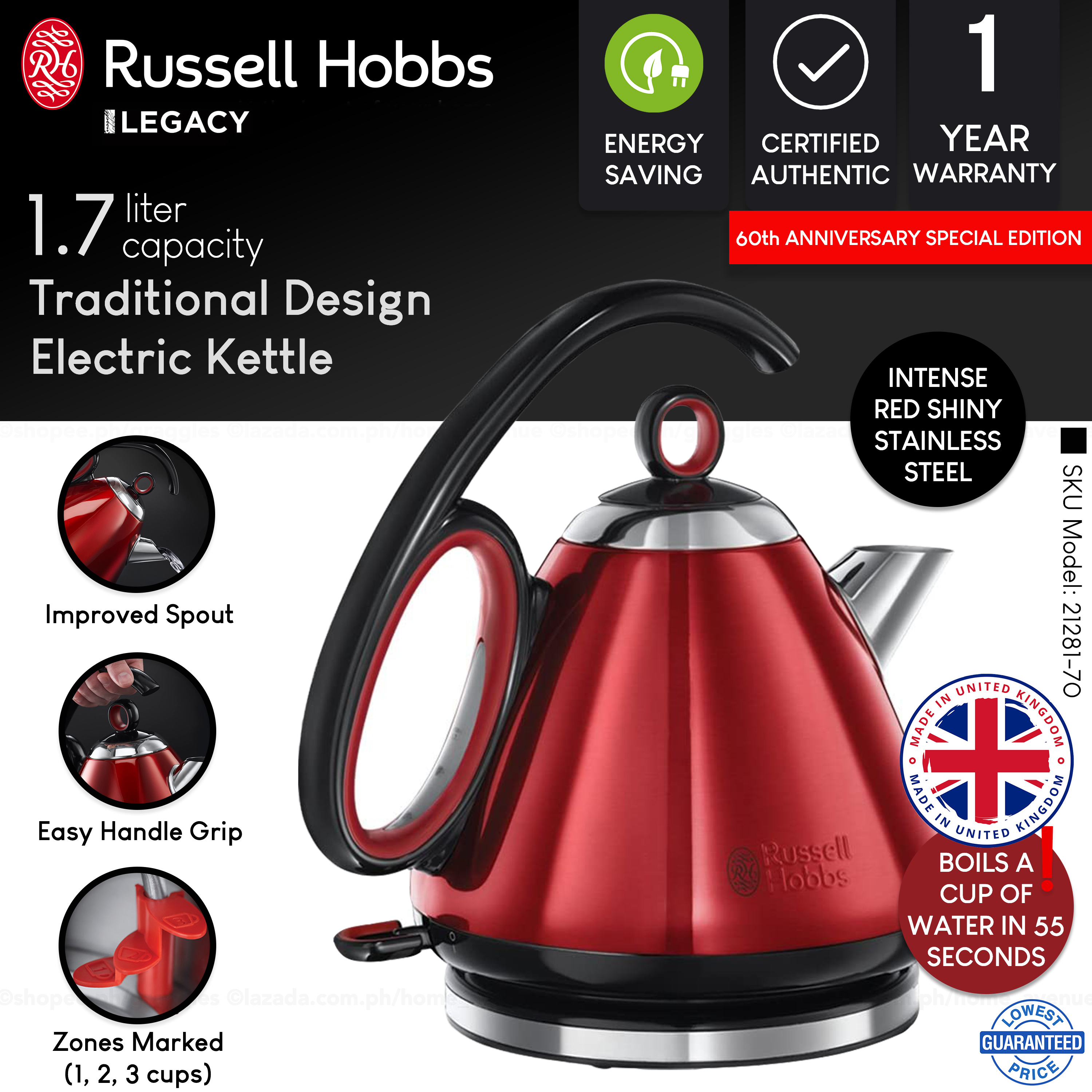 Russell Hobbs Red Legacy Kettle RHLEGK 862806 for Sale ✔️ Lowest