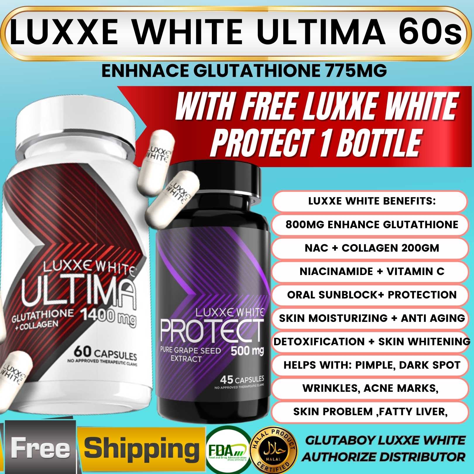 luxxe white enhanced glutathione fda Ultima + Collagen 1400 mg 60 Capsules Suppleme  My Care Kits FRONTROW NOTICE TO THE PUBLIC