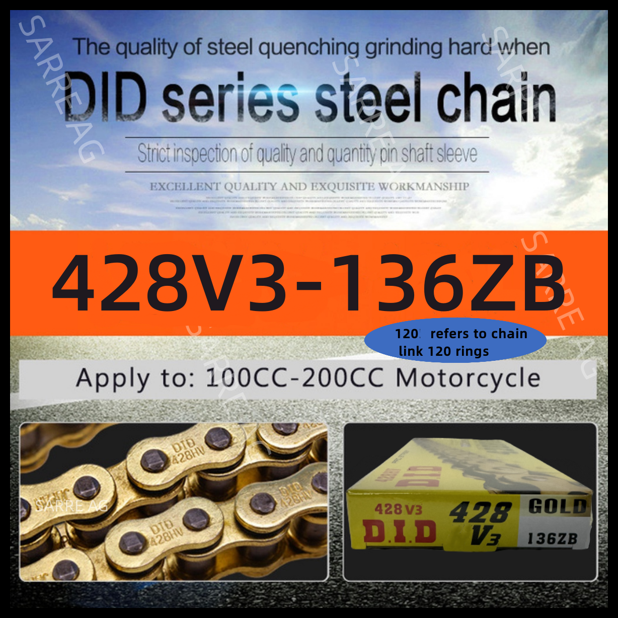 GoXteam 520 Heavy Duty O-Ring Drive Chain 120 Links For Motorcycle Atv Dirt Bike Go Kart Golden