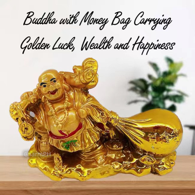 Fengshui Laughing Buddha with Money Bag Carrying Golden Luck, Wealth