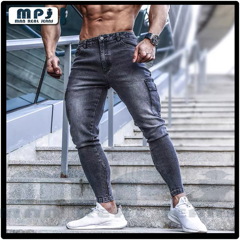 Man Real Skinny Jeans MPJ Multi-pocket Jeans Grey Skinny Pants