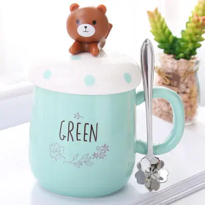 Ceramic Mug with Lid and Spoon Cute Korean Style Cartoon Office Cup Coffee Cup Creative Mobile Phone Stand Water Cup
