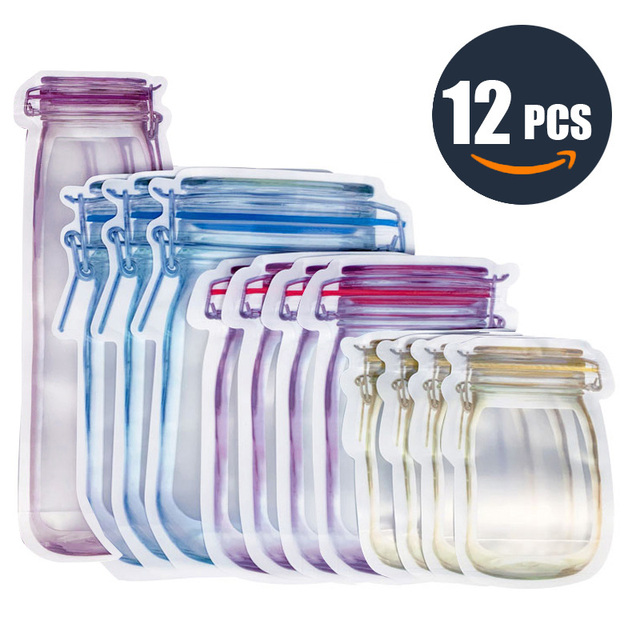 10/12pcs Mason Jar Túi Thức Ăn Hạt Kẹo Cookies Ziplock Túi Pe Waterproof Seal Bếp Fresh Xả Kho Organizer Bag