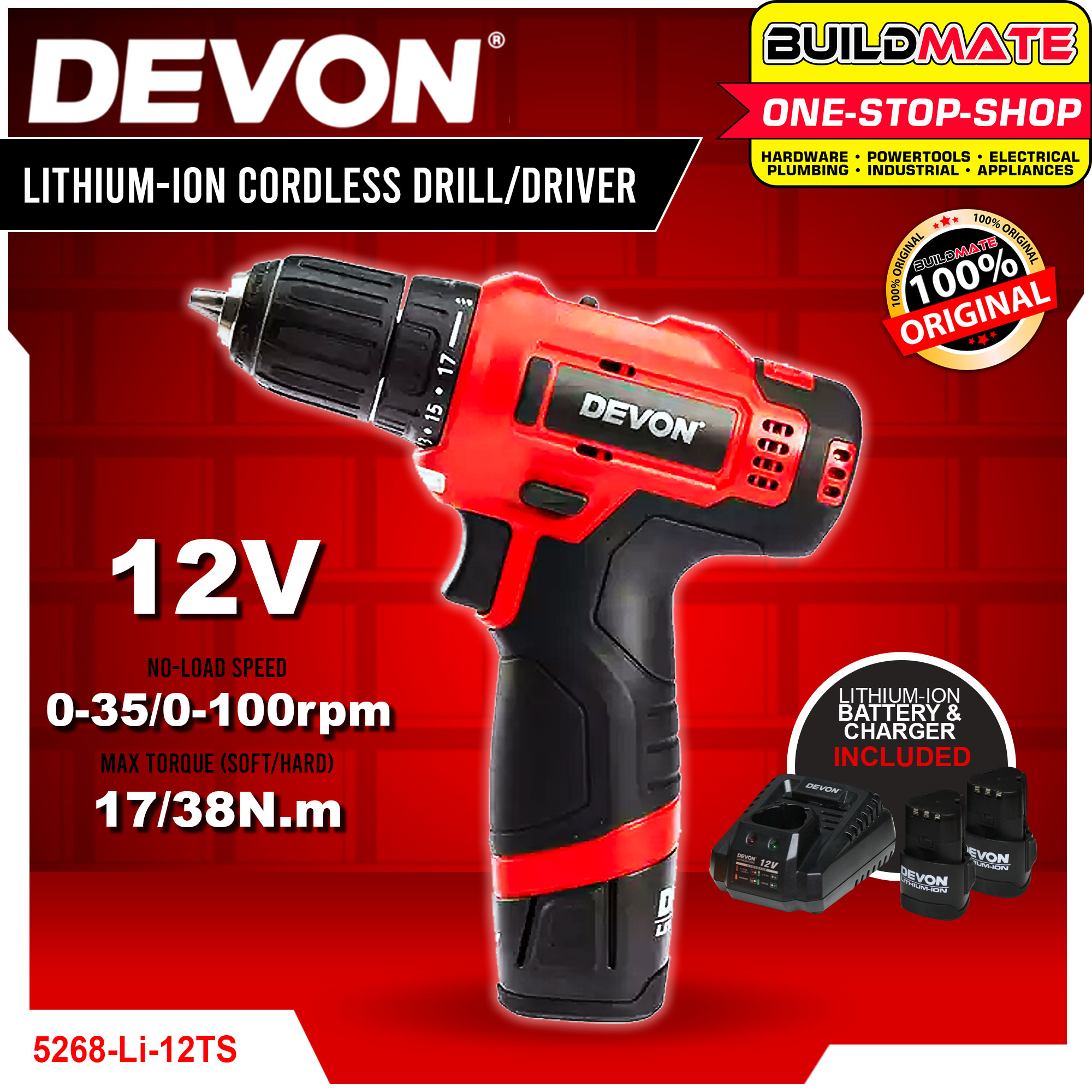 DEVON LithiumIon LiIon Cordless Driver Drill 12V 10mm Industrial Heavy Duty With 2pcs Battery