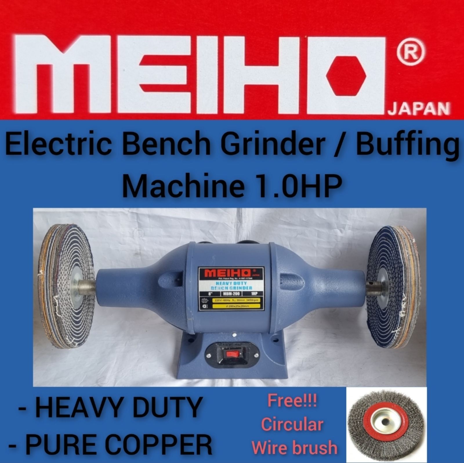 MEIHO Original Electric Bench Grinder and Buffing Machine 1.0HP Pure
