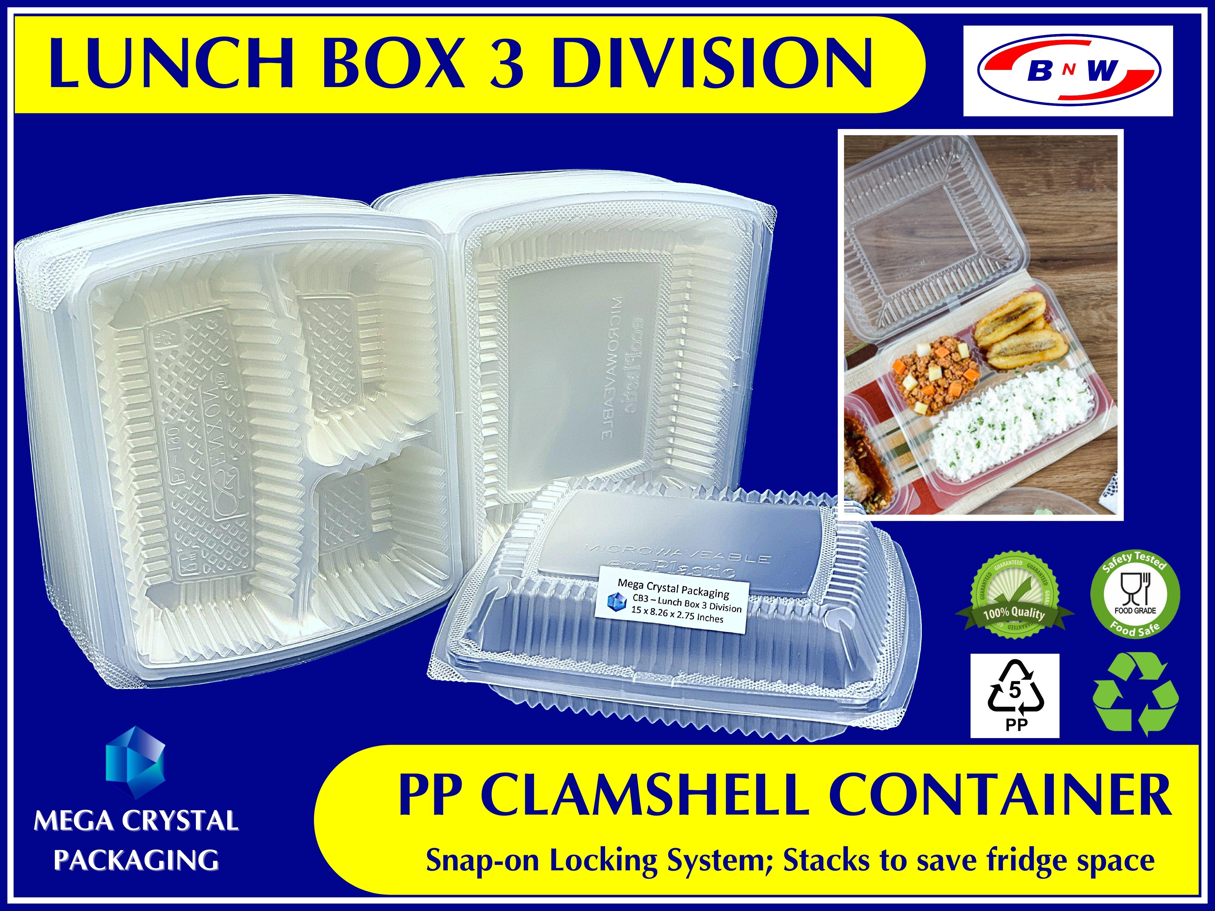 Microwavable Plastic Clamshell Containers CB 3 Lunch Box 3 Division