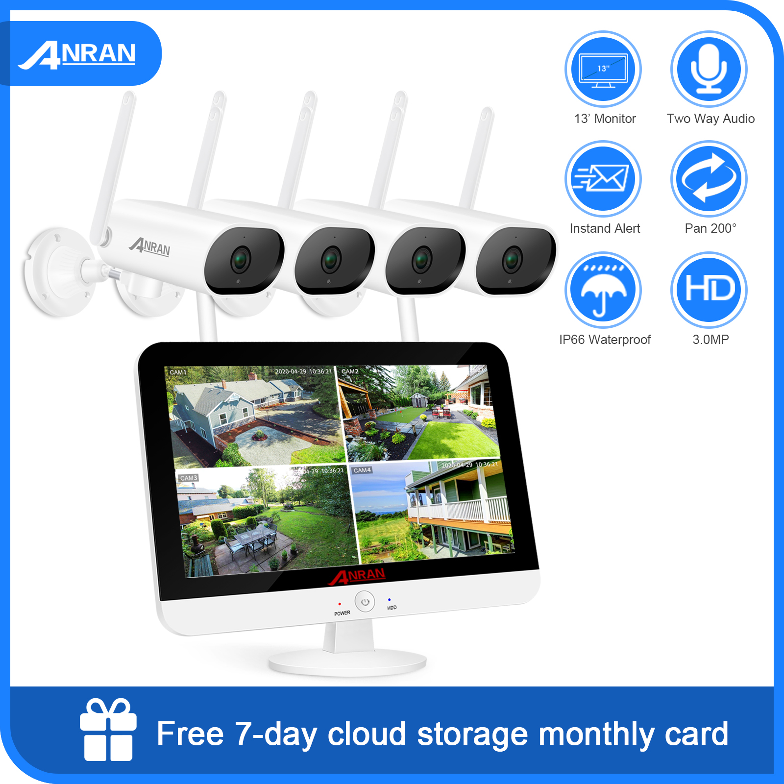 ANRAN ANRAN Wireless Security WIFI Camera System 3.0MP 8CH Outdoor 1TB HDD CCTV Audio 