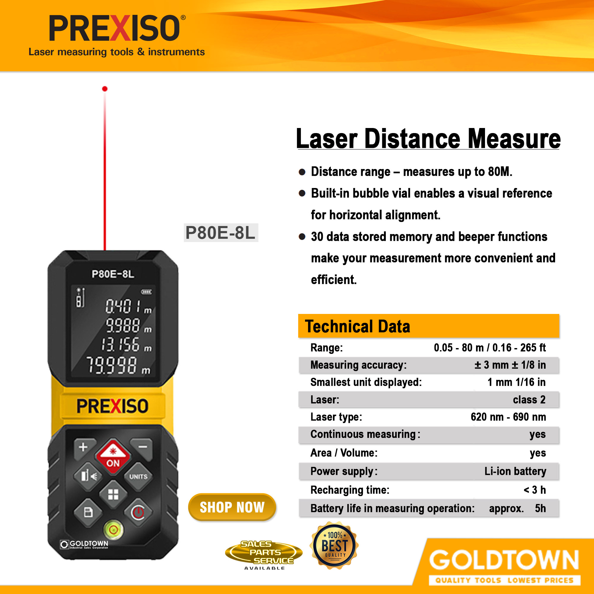 Original Prexiso Laser Distance Measure 80M rechargeable P80E8L