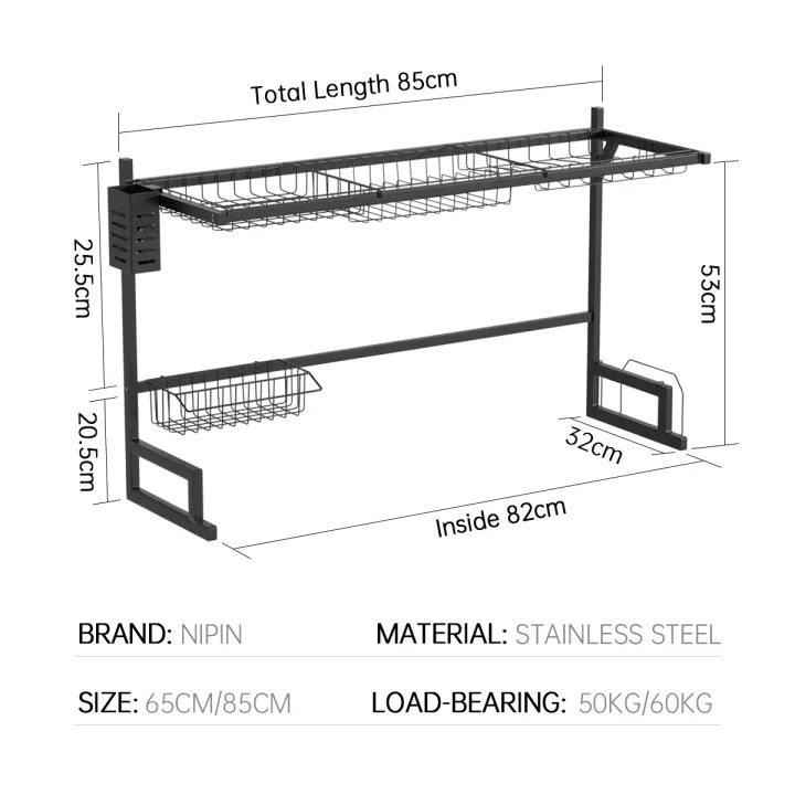 Stainless Steel Dish Rack Over Sink: 65/85cm Drying Shelf with Utensil  Holder, Drain and Kitchen Organizer – pocoro