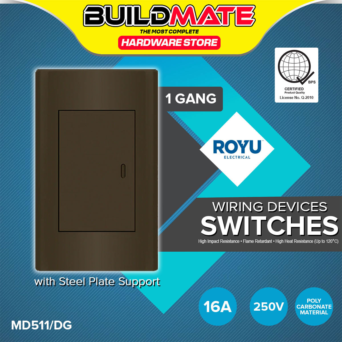 BUILDMATE Royu Plano 1 2 3 Gang Switch Set Wide Series Dark Gray