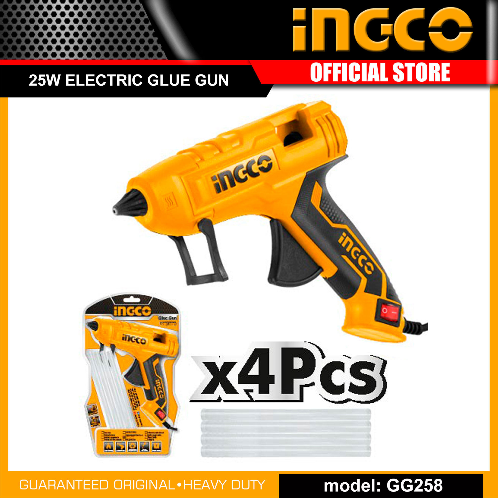 Ingco GG258 Electric Hot Melt Glue Gun 25W with 4pcs Glue Sticks for