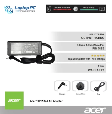 Acer Laptop notebook charger for 19V 2.37A 3.0mm x 1.1mm Acer Spin 5 SP513-51 Acer Swift 3 SF314-51