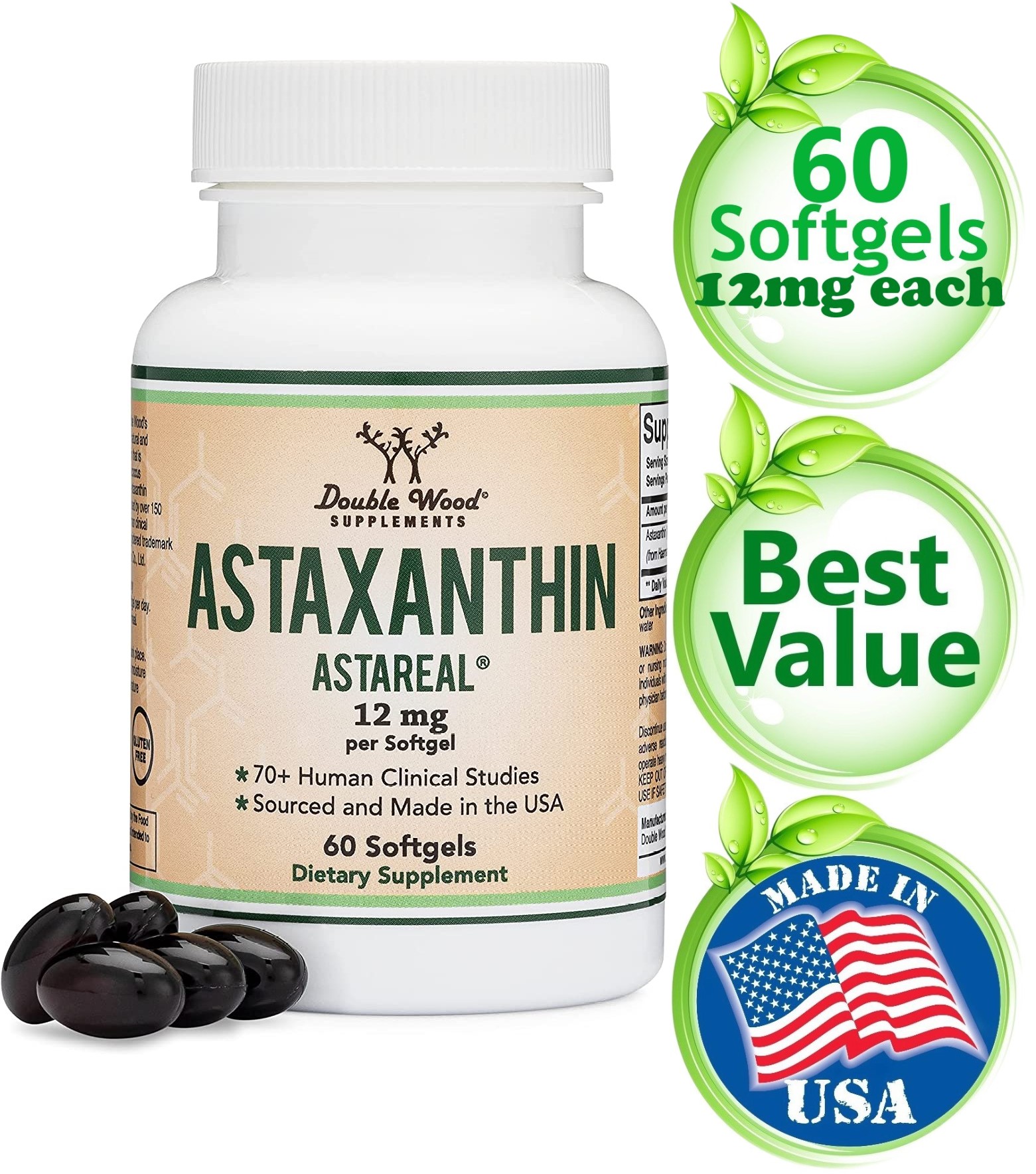 60 Softgels 12mg Astaxanthin Astareal® 70+ Proven Studies Supports