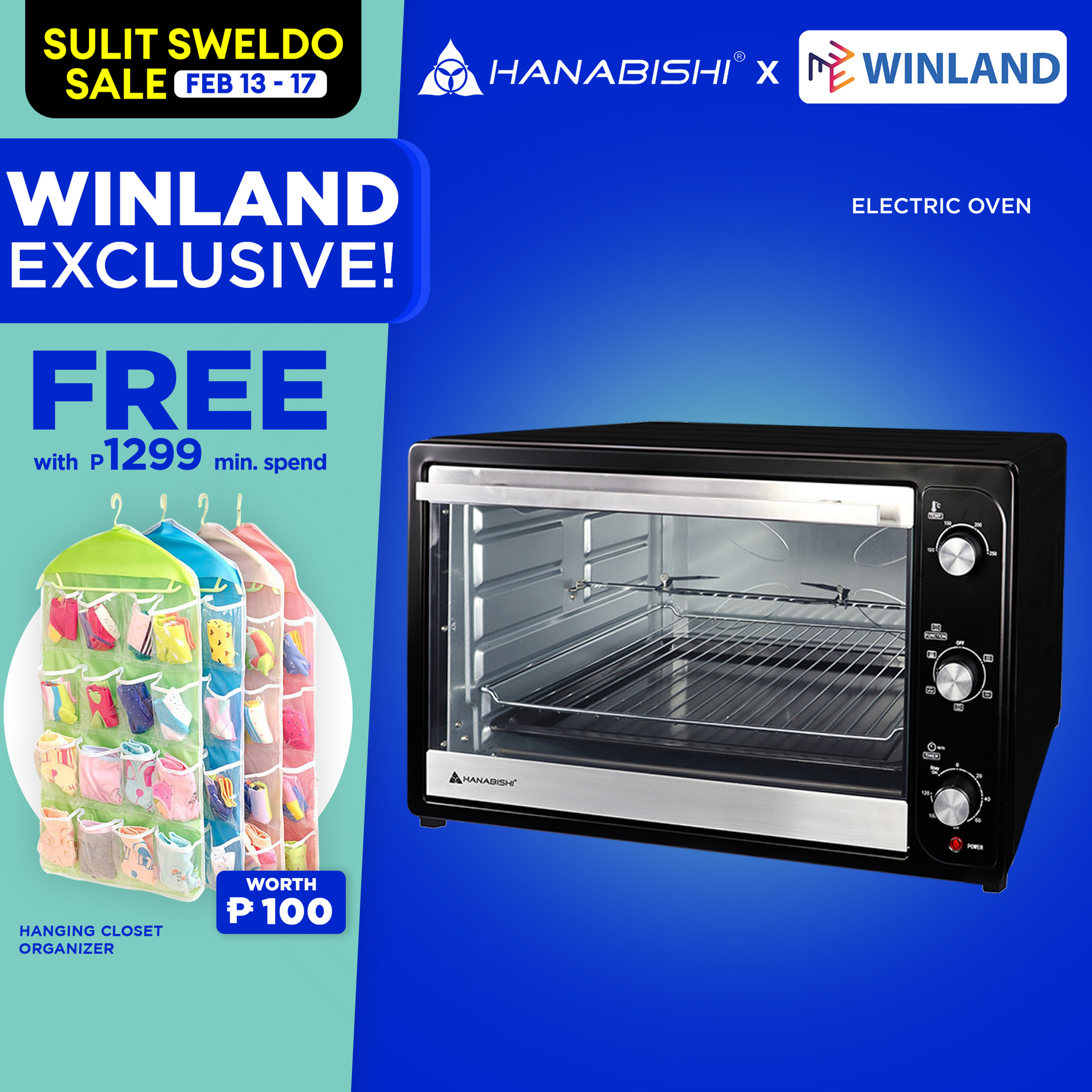 HANABISHI by Winland Convection Electric Oven 23L with Rotisserie Roast Defrost Broil HEO23R