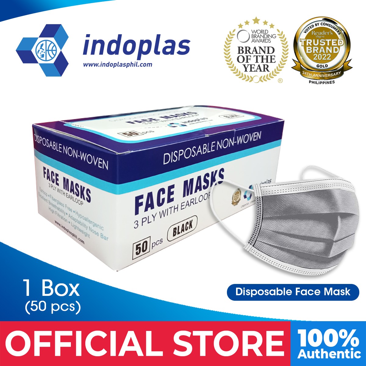skive Urskive sindsyg Indoplas Disposable Face Mask 3-Ply Earloop- Black - 1 box (50 pcs) |  Lazada PH