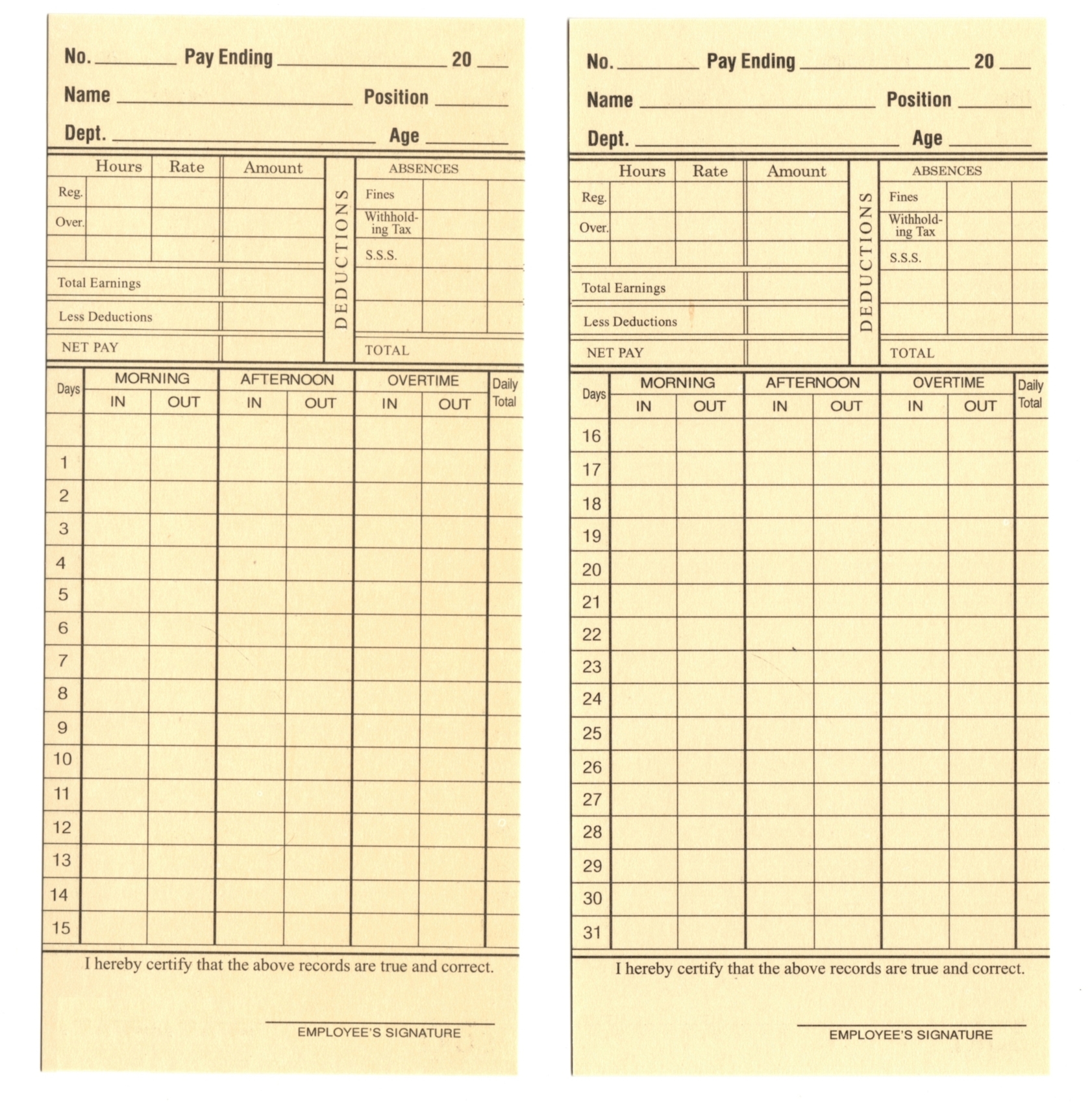 Time Card, Monthly Time Clock Card for Employee Payroll Recorder for