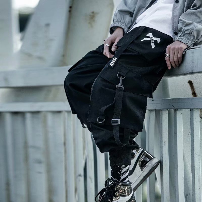 Hot】Techwear Ribbons Hip Hop Tactical Cargo Pants Men's Casual Letter  Embroidery Streetwear Dance Sport Pencil Pants Male Trousers