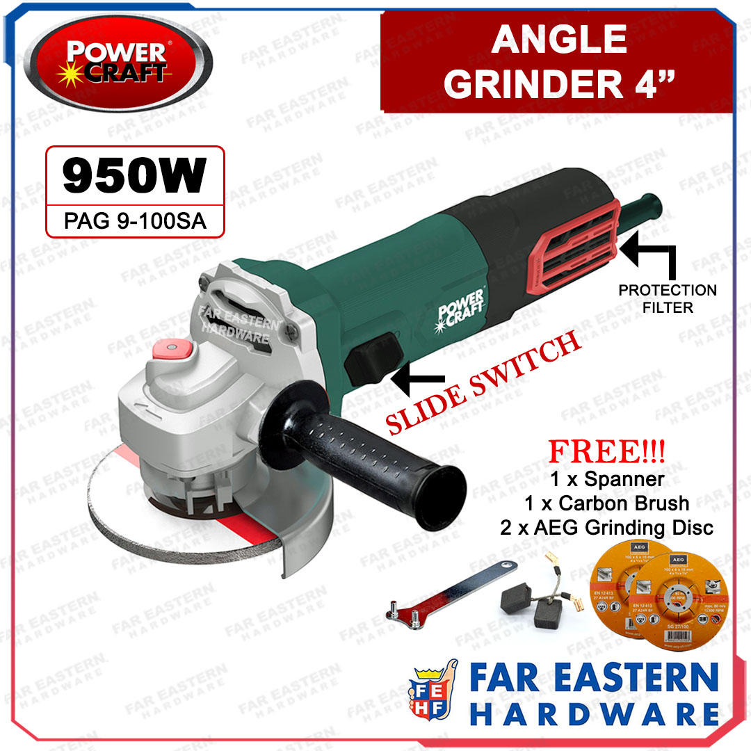POWERCRAFT Angle Grinder 4" 950W Slide Switch PAG 9100SA FREE 2PCS